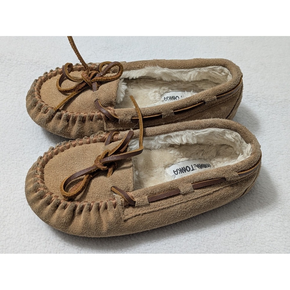 Minnetonka Moccasins Girls Suede Slippers Faux Fur Lined Kids Shoes Sz 12 Youth